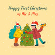 Merry First Christmas As Mr. And Mrs. Adorable Couple Decorating Christmas Tree Confetti-exploding Greetings Card