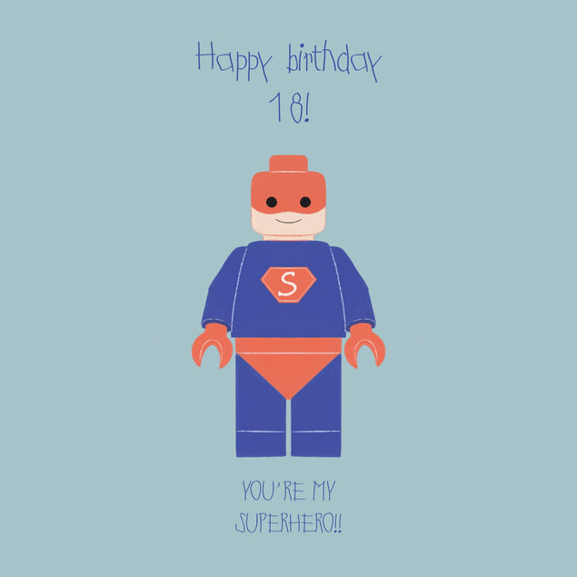 Blue Background Lego Superhero Happy 18th Birthday Confetti-exploding Greetings Card