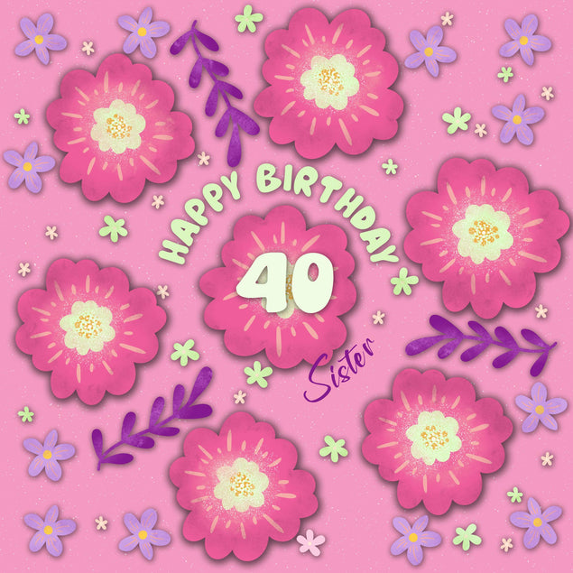 Beautiful Pink Floral Print Happy 40th Birthday Sister Confetti-exploding Greetings Card