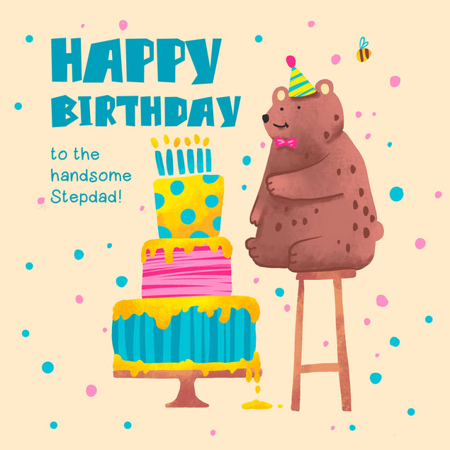 Cute Bear Happy Birthday Stepdad Confetti-exploding Greetings Card