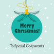 Merry Christmas Special Godparents Blue Bauble Confetti-exploding Greetings Card