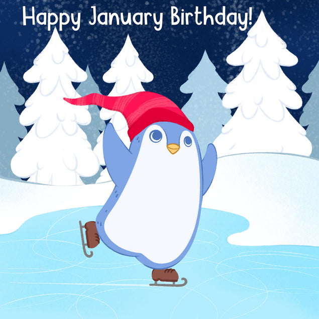 Little Penguin Happy January Birthday Confetti-exploding Greetings Card