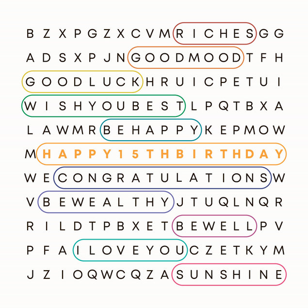 Colorful Word Game Happy 15th Birthday Confetti-exploding Greetings Card