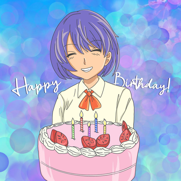 Blue Background Anime Cake Birthday Confetti-exploding Greetings Card