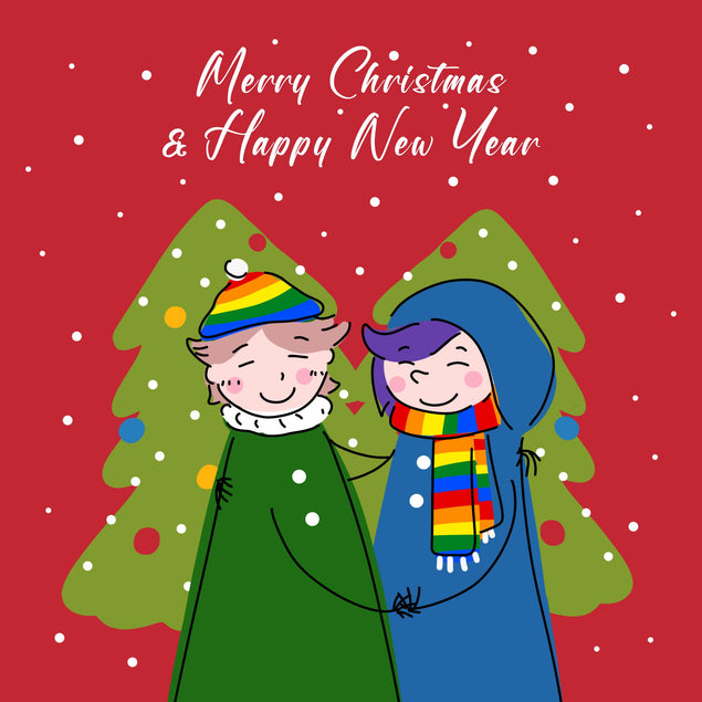 Merry Christmas And Happy New Year Cute LGBTQ+ Couple Confetti-exploding Greetings Card