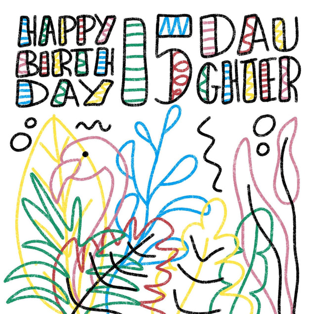Happy 15th Birthday Daughter Crayon Tropical Leaves And Flamingo Confetti-exploding Greetings Card