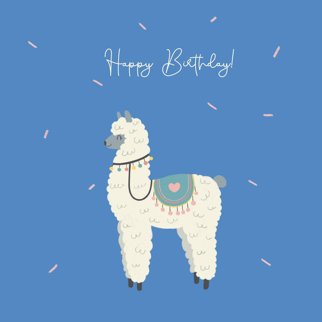 Happy Alpaca On The Blue Background Happy Birthday Confetti-exploding Greetings Card