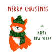 Merry Christmas Cute Fox Wearing Green Hat And Scarf Confetti-exploding Greetings Card