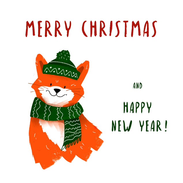 Merry Christmas Cute Fox Wearing Green Hat And Scarf Confetti-exploding Greetings Card
