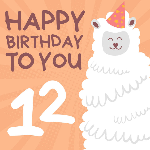 Cute Smiling Alpaca Happy 12th Birthday Confetti-exploding Greetings Card