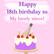 Happy 18th Birthday Niece Cake And Champagne In Pink Confetti-exploding Greetings Card