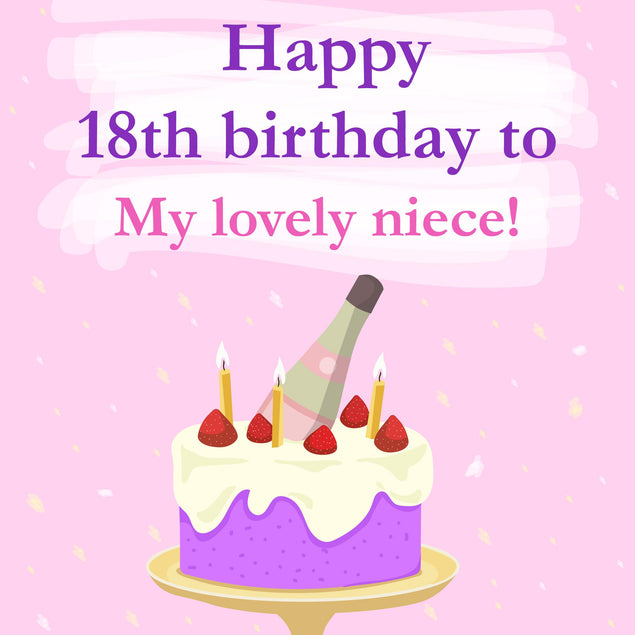 Happy 18th Birthday Niece Cake And Champagne In Pink Confetti-exploding Greetings Card