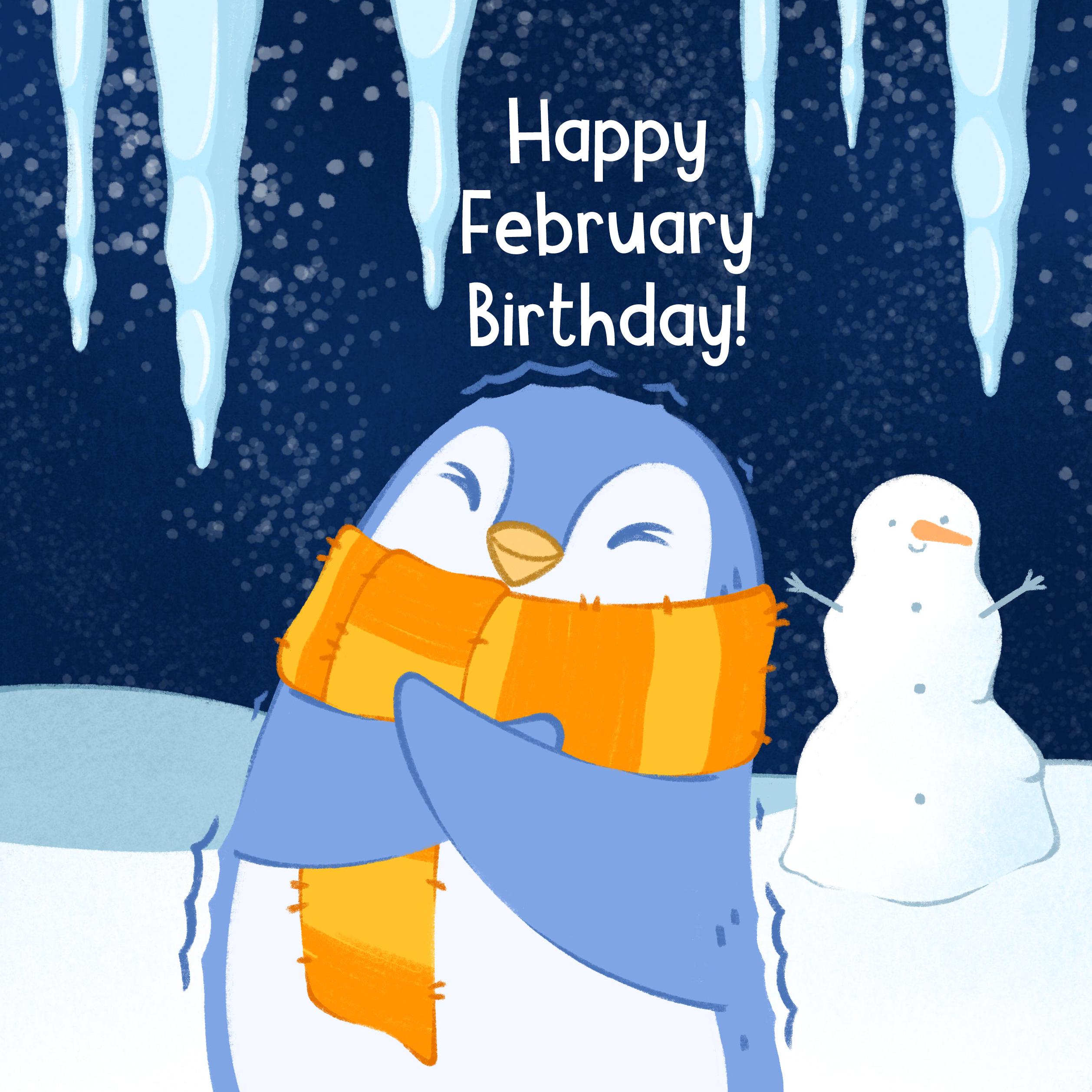 Little Penguin Happy February Birthday Confetti-exploding Greetings Ca ...