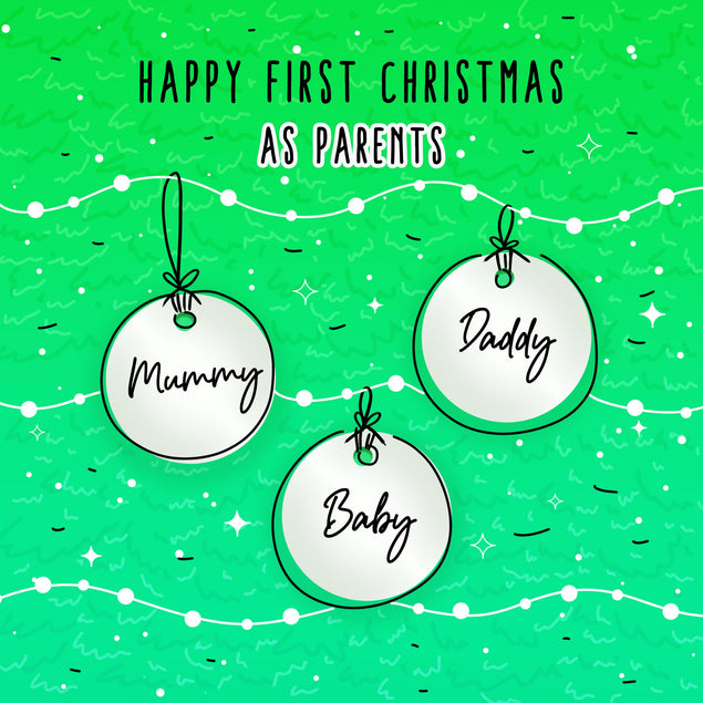 Green Themed Christmas Balls Merry 1st Christmas As Parents Confetti-exploding Greetings Card