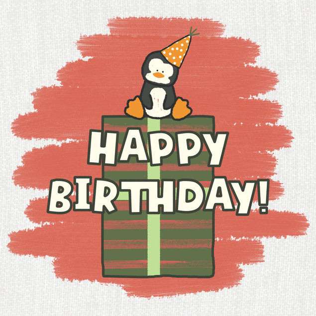 Cute Penguin On A Gift Happy Birthday Confetti-exploding Greetings Card