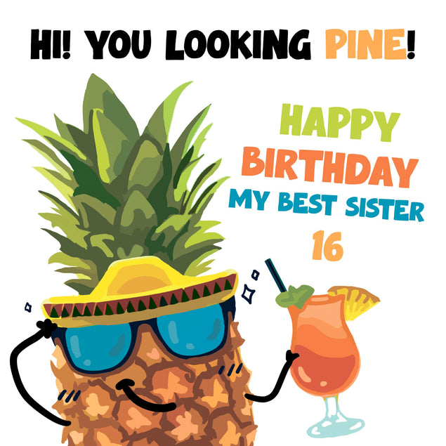 Happy 16th Birthday Sister Funny Pineapple In Glasses Confetti-exploding Greetings Card