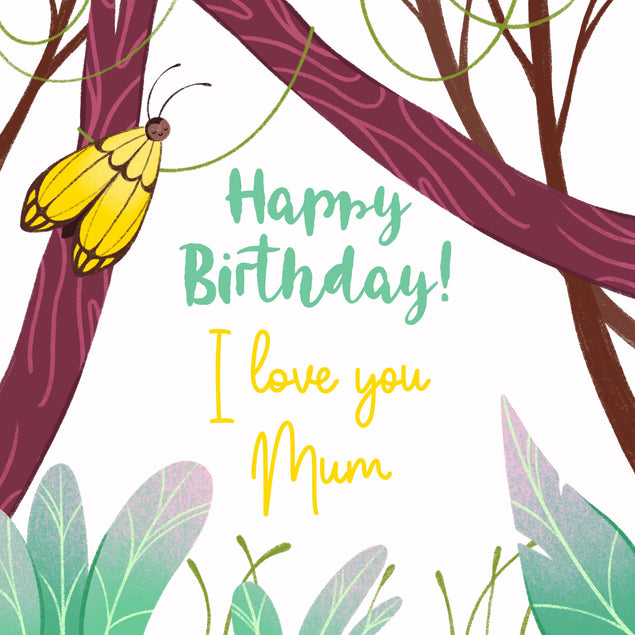 Happy Birthday Mum Yellow Butterfly On A Tree Confetti-exploding Greetings Card