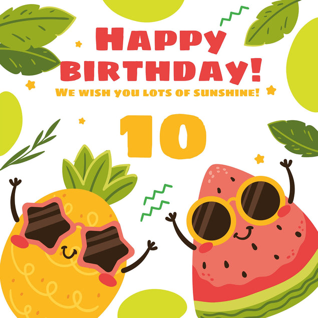 Shining Pineapple And Watermelon Happy 10th Birthday Confetti-exploding Greetings Card