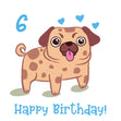 Blue Cute Pug Happy 6th Birthday Confetti-exploding Greetings Card