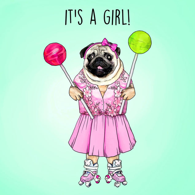 It's A Girl! Pug Confetti-exploding Greetings Card