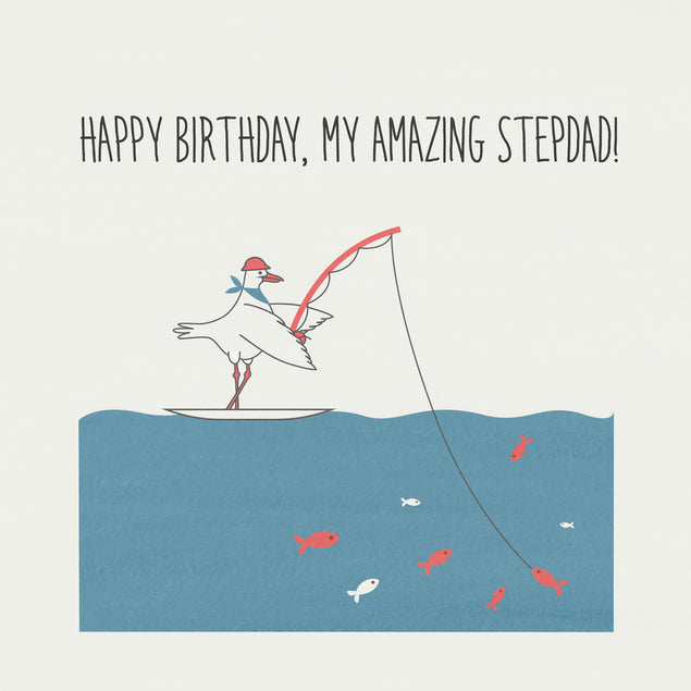 Fishing Seagull Happy Birthday Stepdad Confetti-exploding Greetings Card