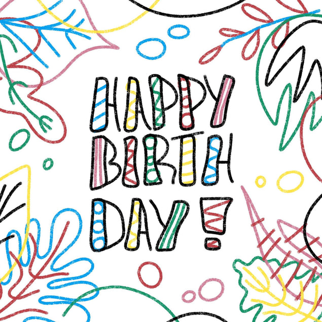 Happy Birthday Crayon Tropical Leaves Confetti-exploding Greetings Card