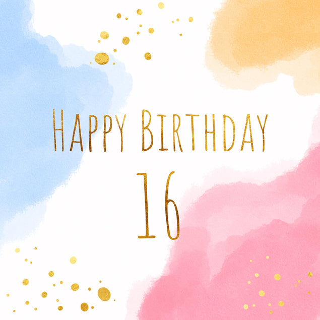 Golden Letters Cute Watercolor Clouds Happy 16th Birthday Confetti-exploding Greetings Card