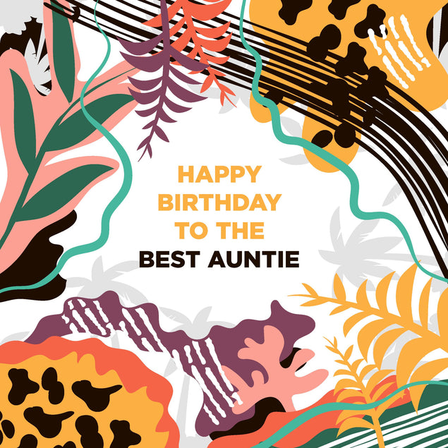 Happy Birthday Best Auntie Colourful Tropical Plants Confetti-exploding Greetings Card