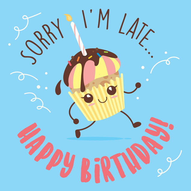 Sorry I Am Late Happy Birthday Cute Cake In Blue Confetti-exploding Greetings Card
