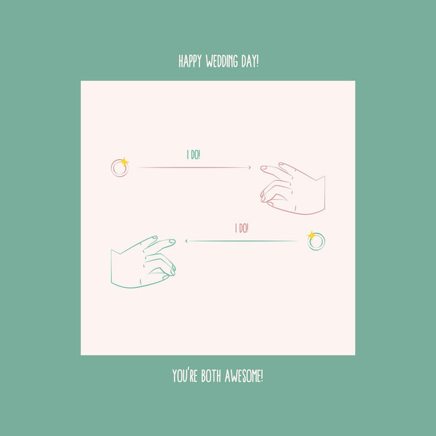 Happy Wedding Day You're Both Awesome Hands And Rings Blue Confetti-exploding Greetings Card