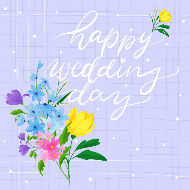 Happy Wedding Day Flower Bouquet Blue Confetti-exploding Greetings Card