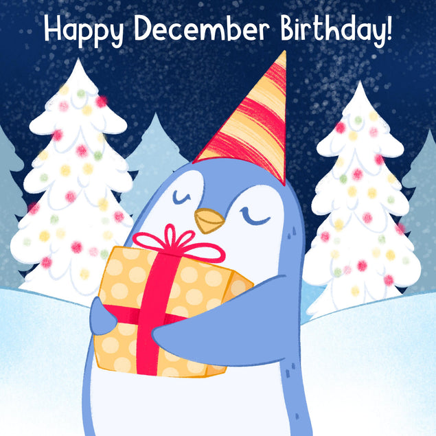 Little Penguin Happy December Birthday Confetti-exploding Greetings Card