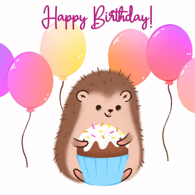 Hedgehog With Cake And Pink Balloons Happy Birthday Confetti-exploding Greetings Card