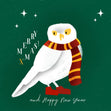Merry Christmas And Happy New Year A White Owl Wearing A Scarf Confetti-exploding Greetings Card