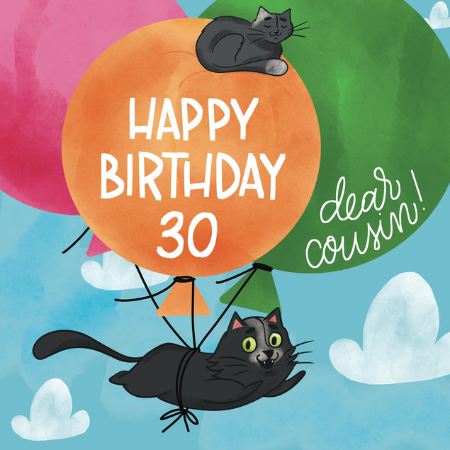 Flying Black Cat Happy 30th Birthday Cousin Confetti-exploding Greetings Card