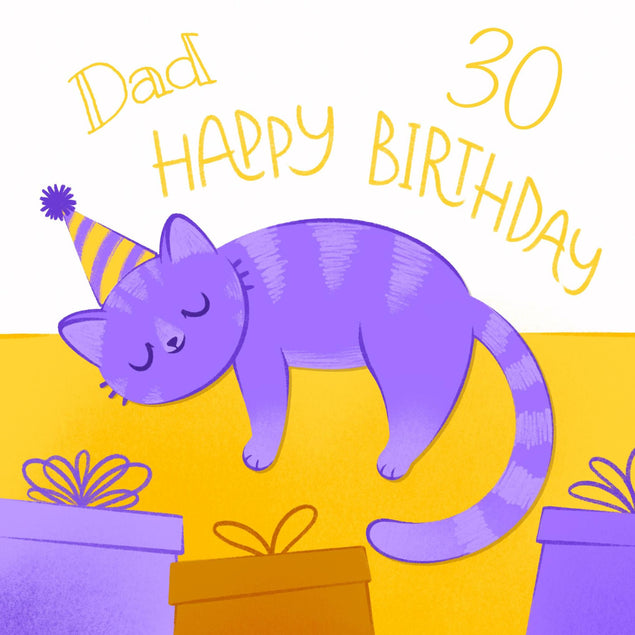 30th Birthday Purple Cat Dad Confetti-exploding Greetings Card
