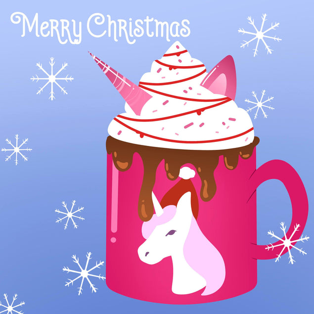 Blue Background Unicorn Mug Merry Christmas Confetti-exploding Greetings Card