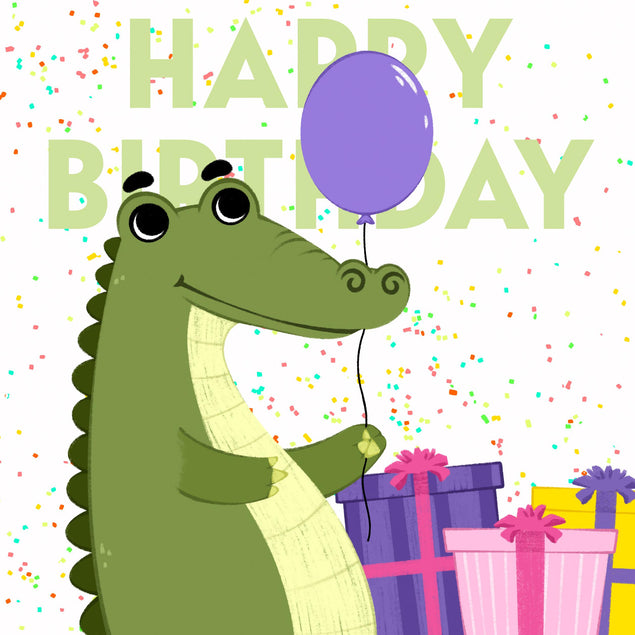 Happy Birthday Cute Crocodile With A Balloon Confetti-exploding Greetings Card