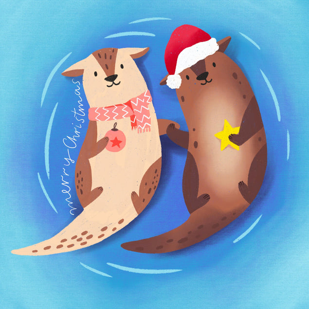 Blue Themed Cute Otters Merry Christmas Confetti-exploding Greetings Card
