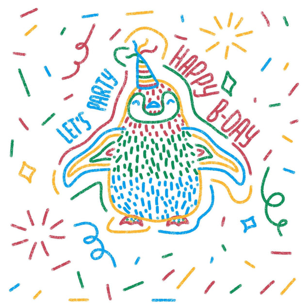 Crayon Sketch Penguin Happy Birthday Confetti-exploding Greetings Card