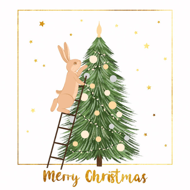 Merry Christmas Cute Rabit Decorating Christmas Tree Confetti-exploding Greetings Card