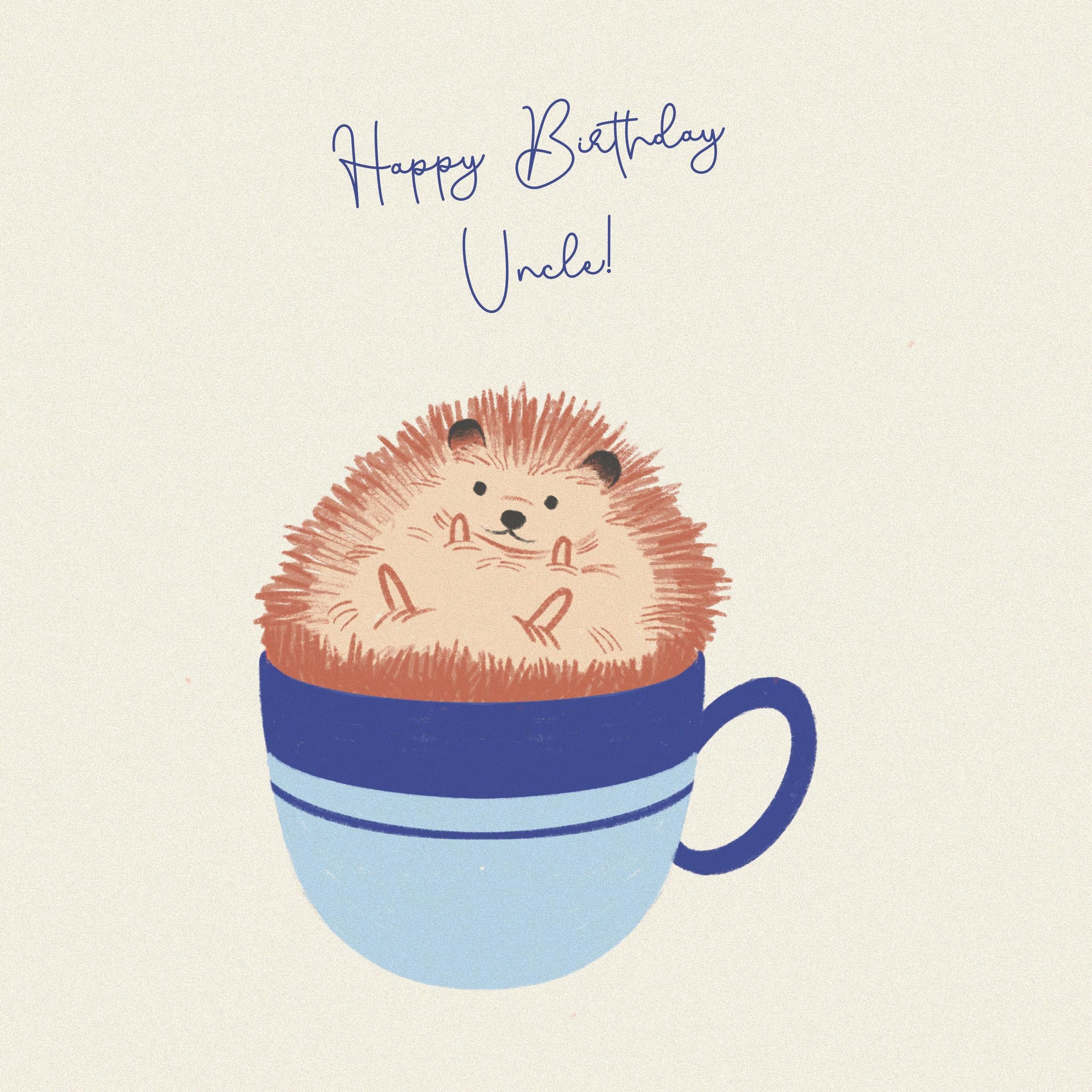 Hedgehog In A Blue Mug Happy Birthday Uncle Confetti-exploding Greetin ...