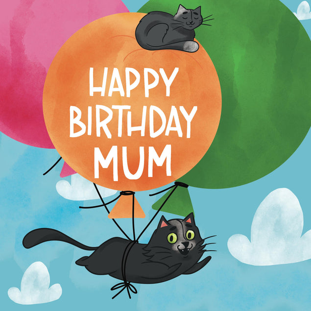 Flying Black Cat Happy Birthday Mum Confetti-exploding Greetings Card