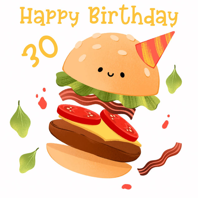 Cute Smiling Burger Happy 30th Birthday Confetti-exploding Greetings Card
