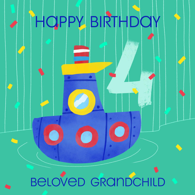Cute Little Boat Happy 4th Birthday Grandchild Confetti-exploding Greetings Card