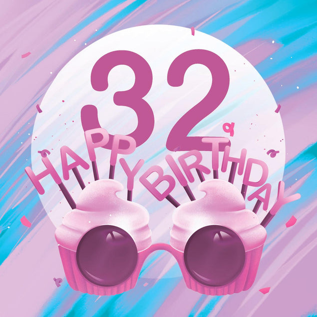 Happy 32nd Birthday Cupcake Glasses Confetti-exploding Greetings Card