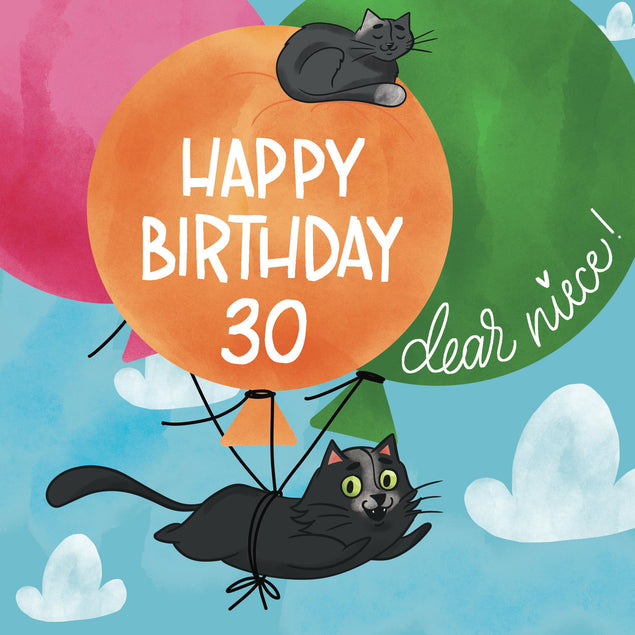 Flying Black Cat Happy 30th Birthday Niece Confetti-exploding Greetings Card