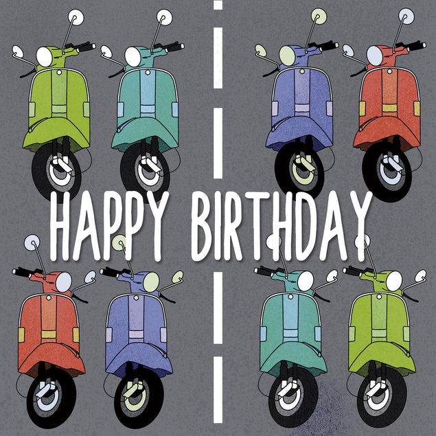 Colorful Lambretta Scooters Happy Birthday Confetti-exploding Greetings Card