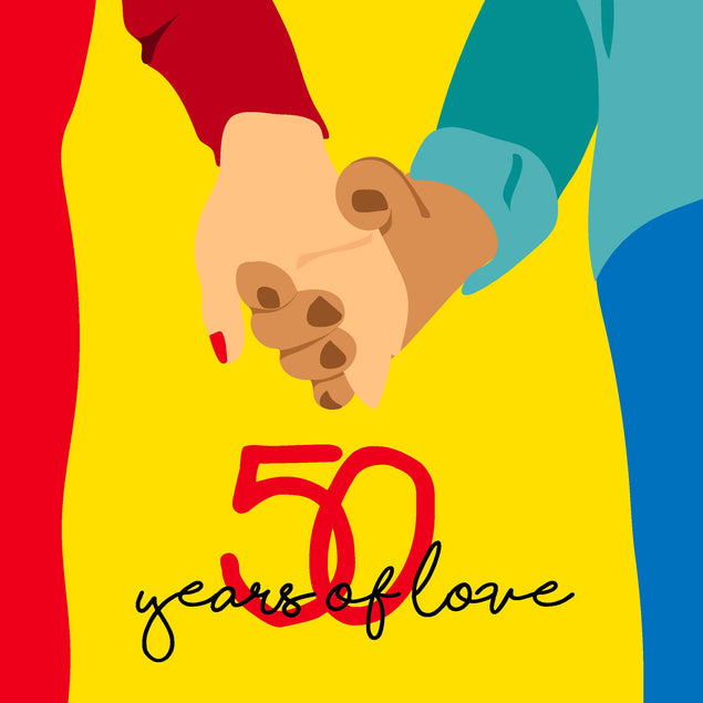 50th Exploding Yellow Background Couple Holding Hands Happy 50th Anniversary Confetti ...