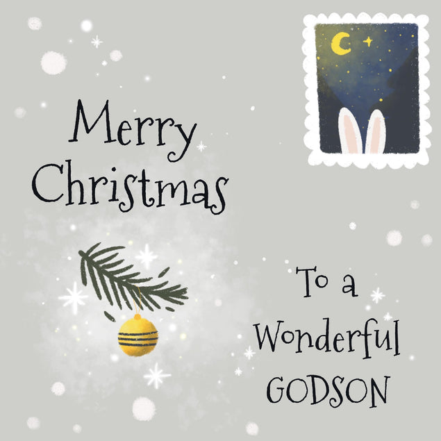 Mery Christmas Wonderful Godson Bunny's Ears Stamp White Confetti-exploding Greetings Card